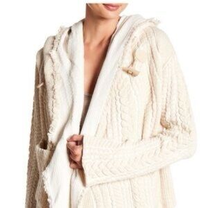 Johnny Was Biya Cream Beige Cable Knit Hooded Fringe Jacket Size Small